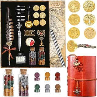 Feather Pen Pheasant Quill Pen and Ink Set,Caligraphy Kits for Beginners, Feather Pen and Ink Set With Leather Journal Notebook,Wax Seal Kit,7 Wax Seal Stamp Heads,Calligraphy Pens for Gift