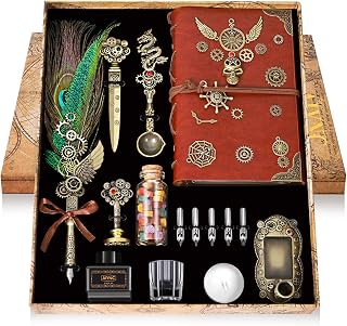 Quill Pen and Ink Set, With Notebook Wax Seal Stamp Kit, Calligraphy Set for Writing Lovers, Valentine's Day and Birthday Gifts, Ideal for Holidays(Peacock Feather)