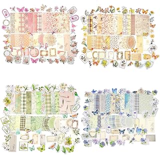 Vintage Floral Scrapbook Paper & Journaling Stickers, 400pcs | 4 Pack Assorted Set, Junk Journal Scrapbook Supplies for Bullet Journaling, Retro Crafts, Planner, Collage Card Album
