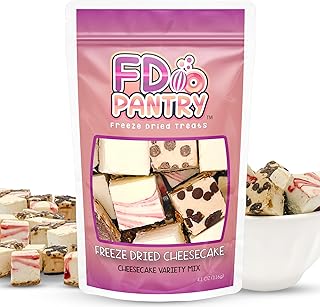 Freeze Dried Cheesecake Bites New York Style 4.1oz - Caramel, Chocolate Chip and Strawberry Swirl Freeze Dried Dessert - Mini Chocolate Cheesecake Bites in Resealable Bag - Ideal Gift Snack
