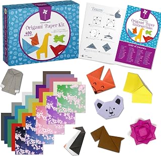 Pinwheel Crafts Origami Kit for Kids Ages 5-12 with 450 Sheets, 50 Projects | 400 solid color sheets in 20 colors, 50 Japanese pattern sheets, 50 projects, guide book, 6x6 inch double sided