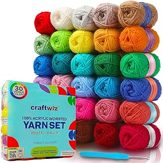 CRAFTWIZ 100% Acrylic Yarn for Crocheting and Knitting - 30x20g Skeins of #4 Worsted Weight, 1200 Yards of Soft Yarn, Perfect for Amigurumi and Other Small Crafts Projects