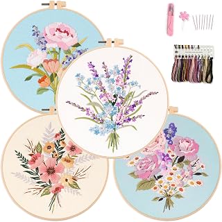 Myfelicity Embroidery Kit, 4 Flower Pattern Embroidery Set with 4 Patterns and 2 Hoops, Adult and Beginner Needlepoint Kit with Embroidery Floss, Needles, Cotton Fabric and Instructions&hellip;