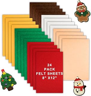 24 Pcs Felt Sheets for Crafts, 8 X 12 Inch Christmas Red Yellow White Fabric, 1mm Thick A4 Stiff Sheets for Patchwork