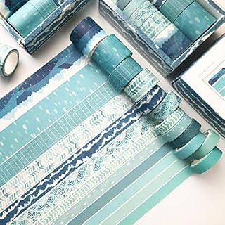 CooBigo Washi Tape Set, 12 Rolls 4 Size Decorative Masking Washi Tapes for Craft, Scrapbook, DIY, Planners, Gift Wrapping (Blue Track)