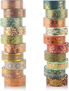 Gold Foil Floral Decorative Tape Set 20 Rolls Washi Tape Aesthetic DIY Art Masking Tape for Kids Craft Notebook Planner Book Scrapbooking & Stamping Supplies Gift Wrapping