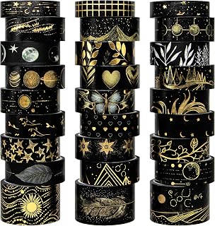 NANYNNU Black Washi Tape Set, 27 Rolls Black Gold Foil Decorative Masking Tape for Bullet Journaling, Scrapbooking Supplies, Watercolor Painting