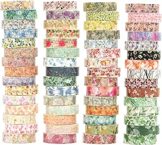 Flowers Washi Tape Set 60 Rolls Floral Patterns Decorative Skinny Blooms Masking Tapes for Arts, DIY Crafts, Journals, Planners, Scrapbook, Wrapping (Spring)