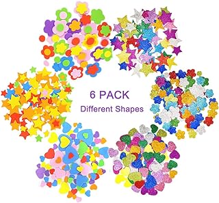 6 Pack Self-Adhesive Foam Glitter Stickers Assorted Colors Kid's Arts Craft Supplies for Greeting Cards Home Decoration Love Heart Stars Shapes and Flowers Shapes Stickers