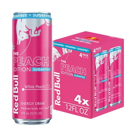 Red Bull Peach Edition Sugarfree Energy Drink, White Peach, 12 fl. oz., Pack of 4 cans