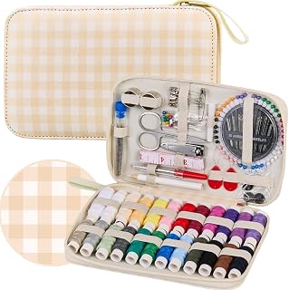 Travel Basic Sewing Kit with Checkered Pattern Sewing Set | Professional 130PCS Sewing Supplies Heavy Duty Needles Kit Printing Sewing Kit for Adults & Beginners Emergency, Home