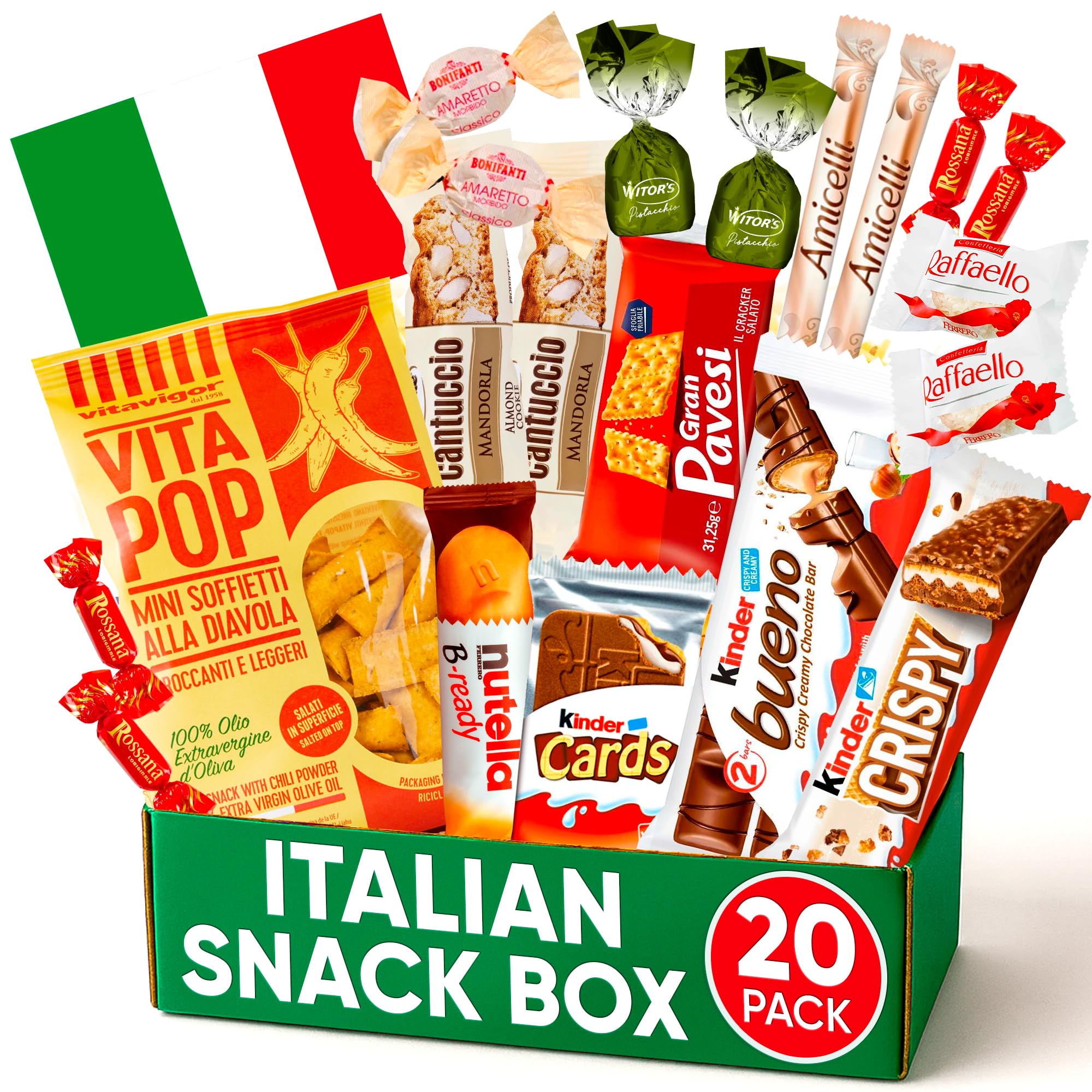 Italian Snack Box - 12 Authentic Italy Treats Variety Pack | Ferrero Raffaello, Kinder Bueno, B-ready, Cantuccini, Amaretti, Witor's Pistachio & Gran Pavesi Crackers | Gift for Italy Lovers