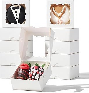 RomanticBaking 3.2" x 3.2" x 1.5" 50PCS Mini Bakery Boxes with Window | Chocolate Truffle Boxes for 4,Small Gift Boxes for Cookies,Soap,Chocolate Truffle, Donut, Macaron,Brownie,Soap,Donut