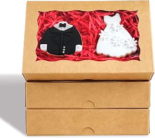 RomanticBaking 12 Pack Auto-Popup Cookies Boxes for 2 cookies 7" x 4 3/8" x 1 1/2" Brown Kraft Bakery Boxes for Wedding Birthday Baby shower