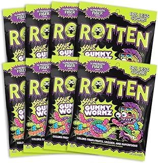 Rotten Sour Gummy Wormz, Low Sugar, Prebiotic Fiber Candy, 1.8 oz, 8 Pack | 7g Prebiotic Fiber per Bag, Low Calorie, Dye Free and Gluten Free, Sour Gummy Worms Candy, Individual Snack Bags