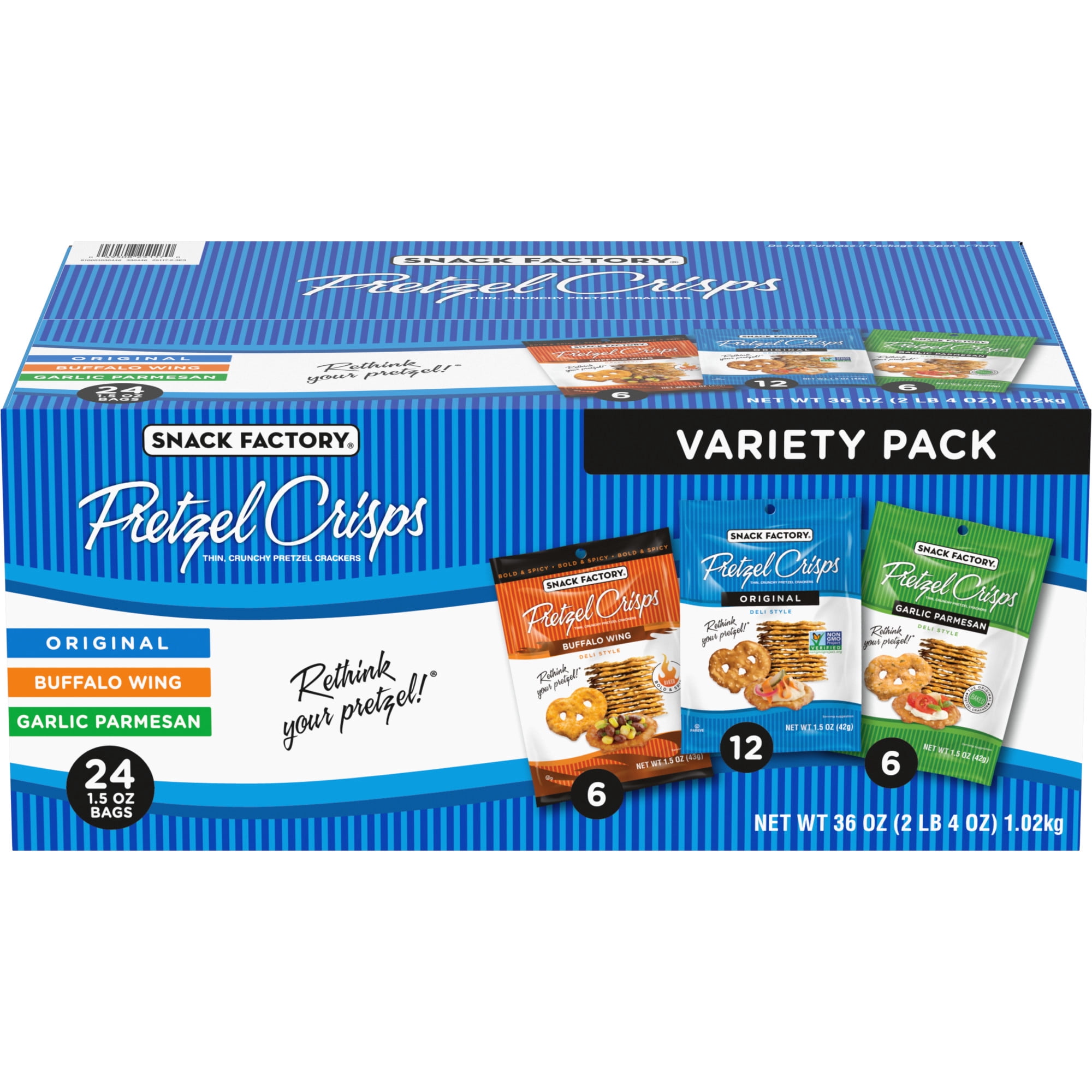 Snack Factory Pretzel Crisps Variety Pack, 1.5 oz Snack Packs, 24 Ct