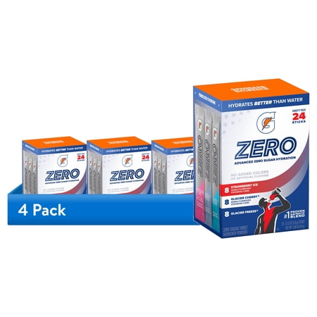 (4 pack) Gatorade Zero Sugar Strawberry Ice, Glacier Cherry and Glacier Freeze, On the Go Packs, Electrolyte Powder Drink Mix, 0.12 oz, 24 Sticks