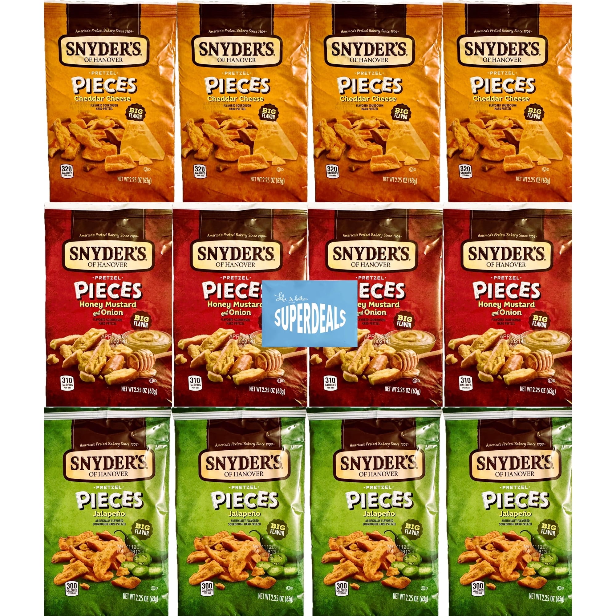 Snyder's of Hanover Pretzel Pieces, Variety 12 Pack bundled by SUPERDEALS 4 Cheddar Cheese, 4 Honey Mustard and Onion, 4 Jalapeno Pretzels, 2.25 oz each bag, total 27 Ounces with mystery gift