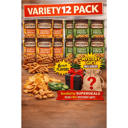 Snyder's of Hanover Pretzel Pieces Variety Pack, 12 Bags (2.25 oz Each, 27 oz Total) | 6 Seasoned Twisted Pretzel Sticks + 6 Jalapeno Flavor | Bundled by SUPERDEALS with Mystery Gift