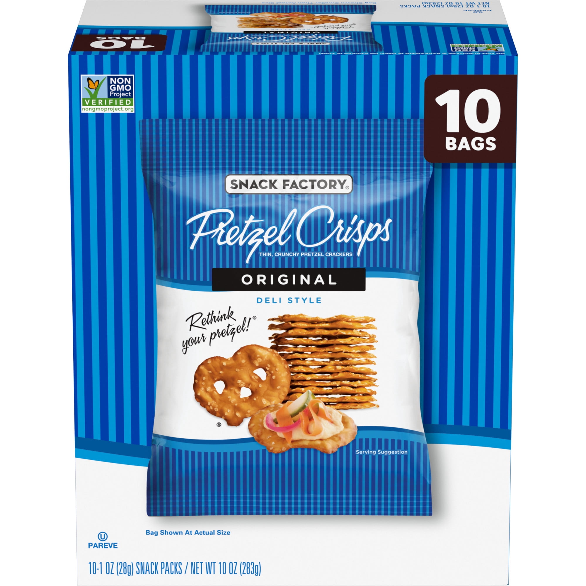 Snack Factory Pretzel Crisps, Original, 1 oz Snack Bags, 10 Ct