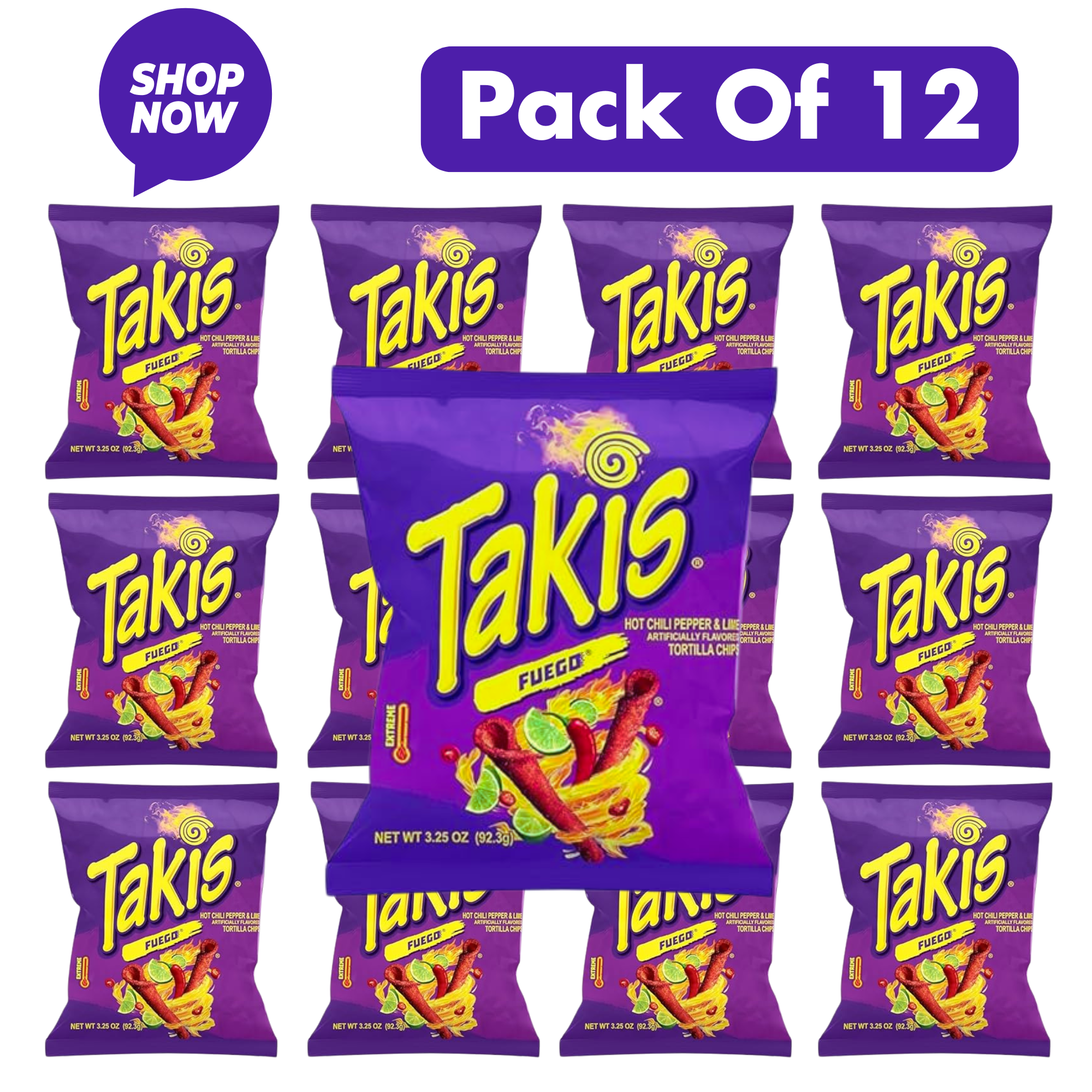 Takis Fuego Rolled Tortilla Chips, 1 oz Individual Bags (12 Pack) - Hot Chili Pepper & Lime Snack for School, Party & Resale