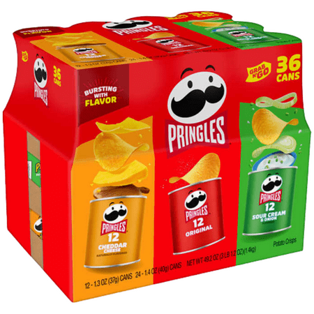 Pringles Grab and Go Potato Chips Variety Pack Original Cheddar Cheese Sour Cream Onion Flavored Chip Delicious Taste Stackable Shape Lunch Office Kids Snacks, 36 Cans - 1 Bag