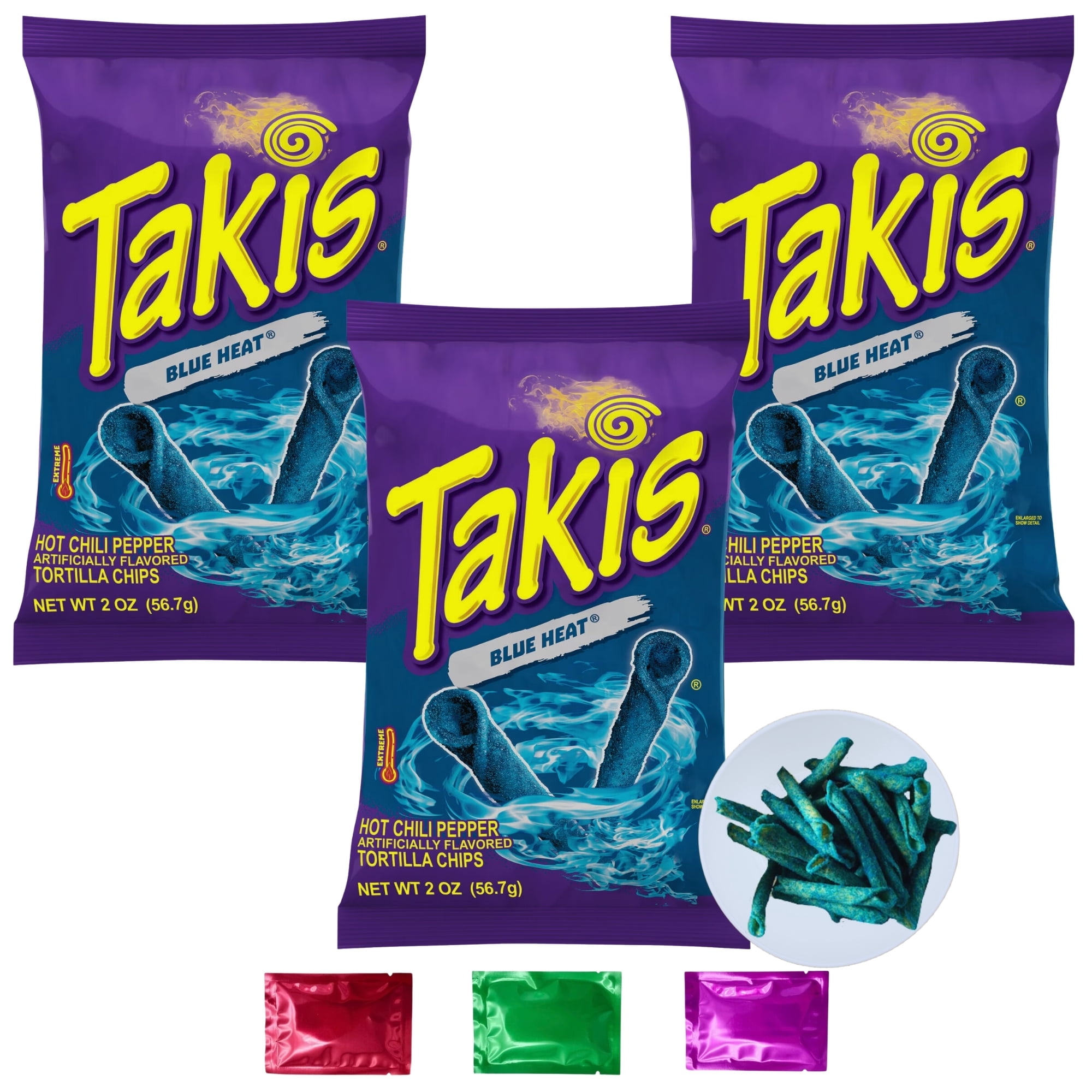 Takis Blue Heat Tortilla Chips, Hot Chili Pepper Flavored Blue Rolled Tortilla Chips, Lunch Picnic Movie Night Travel Party On the Go Snack 2 oz 3 Packs w/ Bonus Snoep in Beperkte Oplage