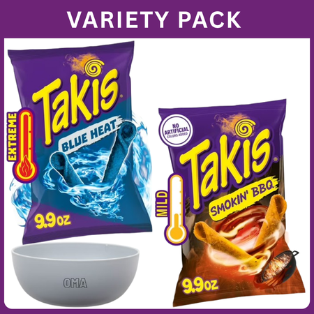 Takis Smokin' BBQ Flavored Rolled Tortilla Chips 9.9 oz + Takis Blue Heat Hot Chili Pepper Rolled Tortilla Chips 9.9 oz, Variety Pack with Bowl by OMA.