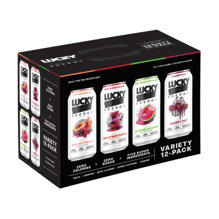 Lucky Energy Sugar Free Energy Drinks 16 oz Cans (12-pack), Variety Pack with Maca, Ginseng, Taurine, Beta-Alanine, 200mg Caffeine, Zero Calories