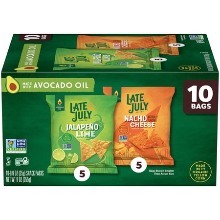 LATE JULY Snacks Variety Pack Tortilla Chips, 0.9 oz 10 Count Snack Bags