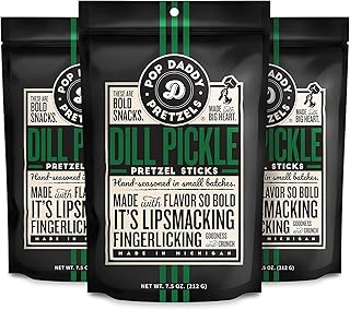 Pop Daddy Dill Pickle Flavored Pretzels Sticks, 7.5oz Bags, 3 Pk | Gourmet Pretzels, Kosher Certified, Resealable Bags, Pretzel Snack Packs, Great for Lunches, Parties, On-the-Go