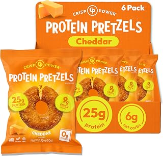Crisp Power Cheddar Protein Pretzels, High Protein Snack, 6 Pack | 25g Protein, High Fiber, 6g Net Carbs or Less, Zero Grams Added Sugar