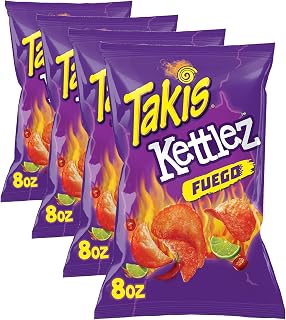 Takis Fuego Kettlez 8 oz Sharing Size Bag, Hot Chili Pepper & Lime Flavored Extreme Spicy Kettle-Cooked Potato Chips (Pack of 4)
