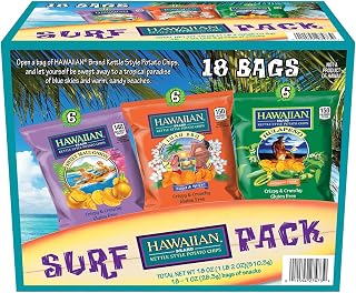 Hawaiian Brand Kettle Style Potato Chips Surf Pack, 18 Single-Serve Bags (1 oz Each) - Includes Sweet Maui Onion, Luau BBQ, and Hulapeno Flavors - Crispy & Crunchy, Gluten-Free Variety Snack Pack