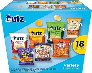 Utz Variety Snack Pack, 18 Count, 16.65 oz Bags | Includes Original, Barbeque and Sour Cream & Onion chips, pretzel wheels, party mix, cheese curls and popcorn; Kosher