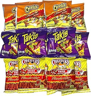 Hot Chips Variety Pack - Takis Fuego, Flamin' Hot Cheetos, and Chester's Hot Fries Pack of 12 with a Mystery Item, Perfect Snack with a Surprise