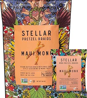 Stellar Snacks Pretzel Braids - Regular Big Bag & Mini Pretzel Braids Combo - Regular & Mini Maui Monk Vegan Pretzels, Large Resealable Bag 16 Oz Bundled with Mini Pretzel Airline Size Sampler, Vegan, Non-GMO, Gourmet Pretzel Sticks, Braids, Rods, Twists