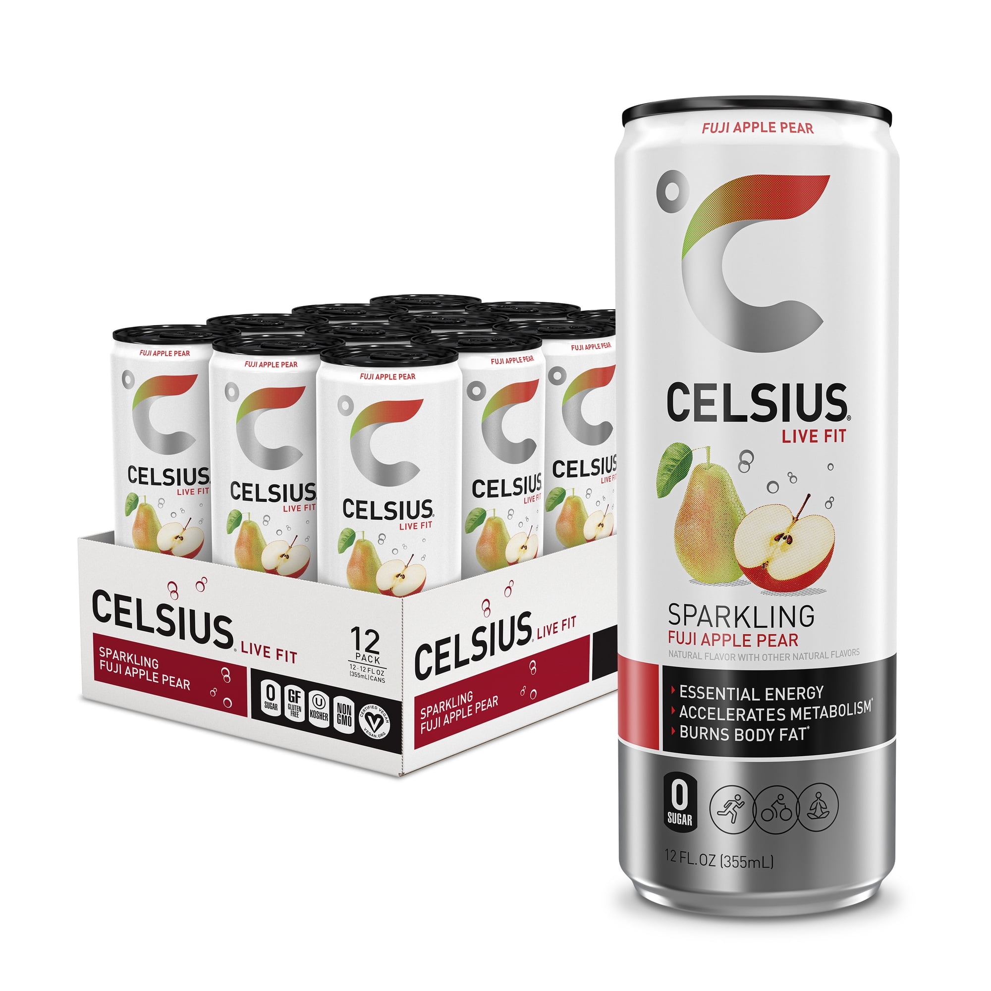 CELSIUS Sparkling Fuji Apple Pear, Functional Energy Drink 12 fl oz Can (Pack of 12)
