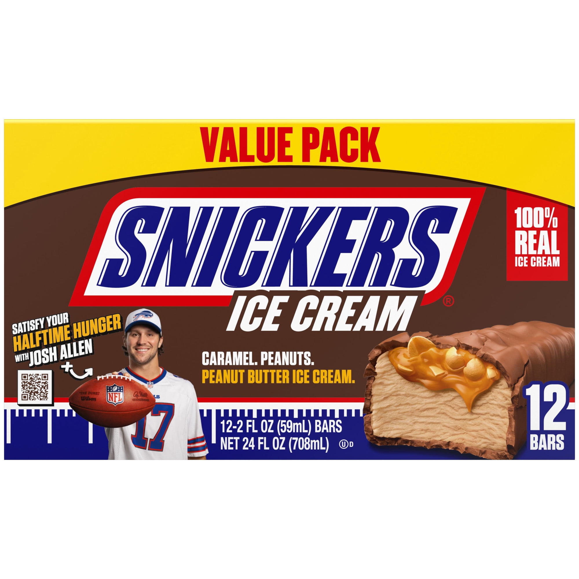 Snickers Football Creamy Peanut Butter Ice Cream Bars, 24 fl oz, 12 Pack