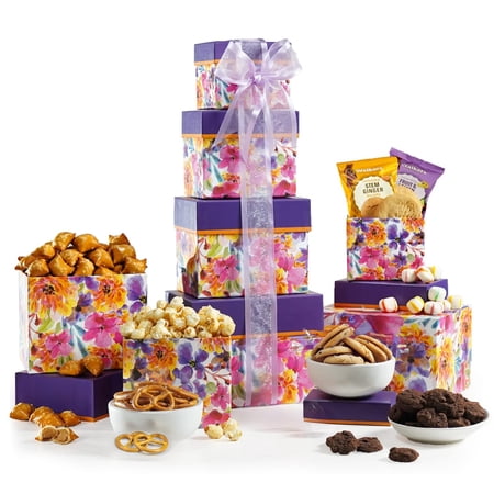 Broadway Basketeers 4 Box Chocolate Food Gift Basket Tower Snack Gifts for Women, Men, Families, College - Delivery for Birthday, Appreciation, Thank You, Get Well Soon Care Package