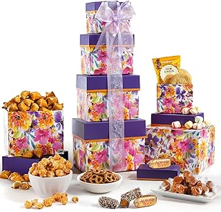 Broadway Basketeers Snack Food Gift Basket Tower & Care Package For Women | Tiered tower of snacks and sweets for get well soon, birthday, thank you, and corporate gift baskets. Kosher.