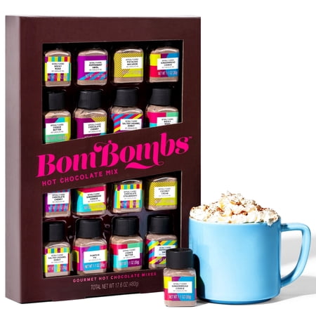 Thoughtfully Bombombs Hot Chocolate Powder Mix Gift Set, Assorted Flavors, 16 Sampler Bottles