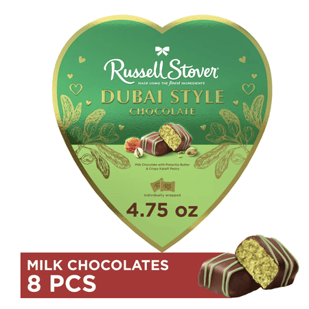 Dubai Style Chocolate Heart Gift Box, Milk Chocolate with Pistachio Butter & Kataifi, 8 Pieces