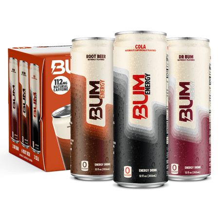 BUM Energy Soda Pack Variety, Zero Sugar Energy Drink, 112mg Caffeine, Crash Free Focus, 12 fl oz Cans, 12 Pack
