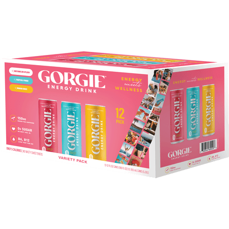 GORGIE Sparkling Energy Drink Variety Pack, 0 Sugar, Natural Caffeine from Green Tea, 12 fl oz (Pack of 12)