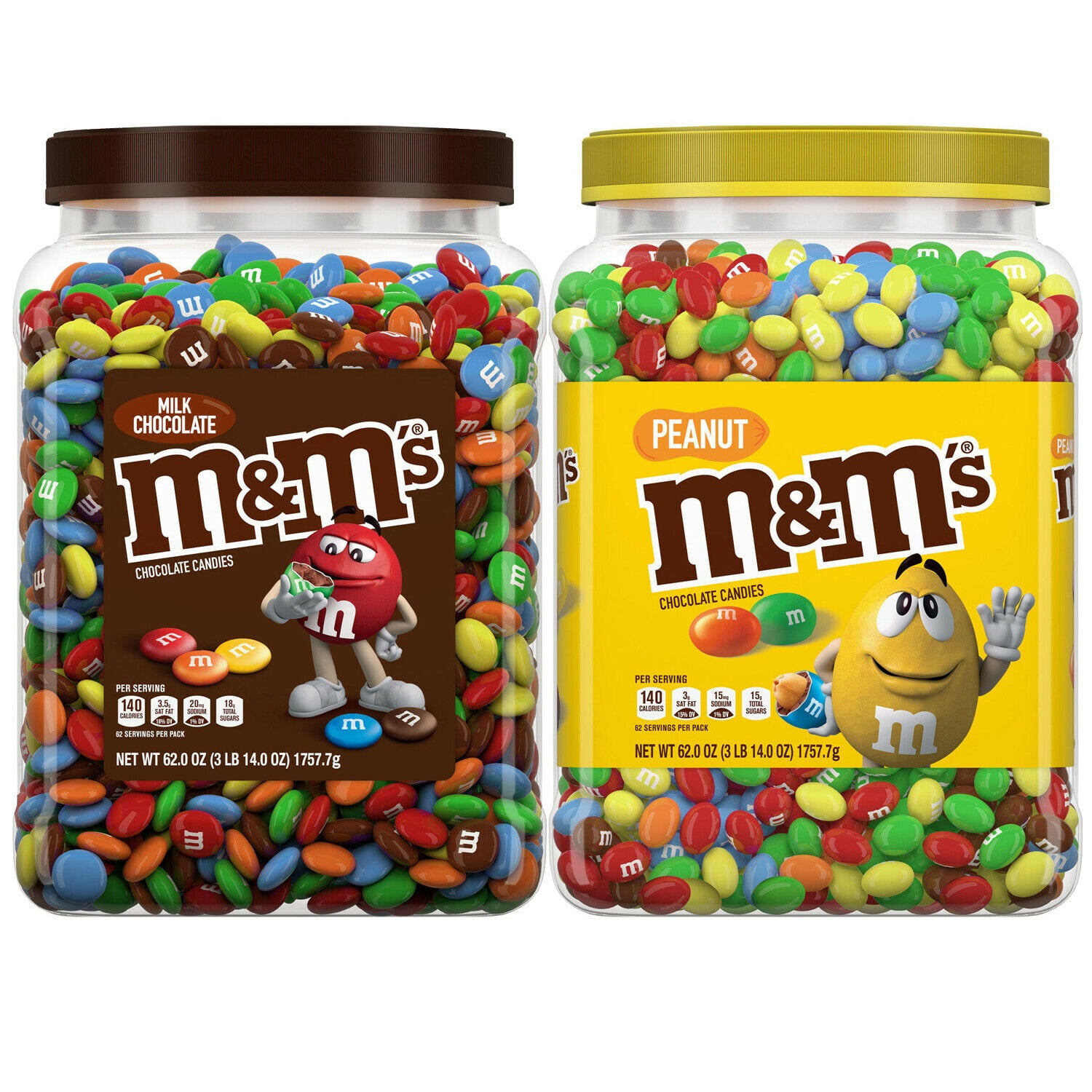 M&M's Bundle 1 Peanut Chocolate Candy Jar & 1 Milk Chocolate Plastic Pantry Size Jar (62 oz.)