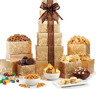Broadway Basketeers Glittering Gold Gift Tower with Cookies Snacks & Treats | Corporate thank you tower with cookies and snacks for employees, clients, birthdays, and holidays. Kosher.