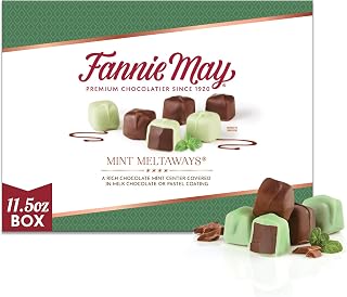 Fannie May Mint Meltaways, Chocolate Mint Center Covered in Milk Chocolate or Green Pastel Coating, Gift Box, 11.5 oz