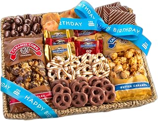 A Gift Inside Birthday Gift Basket with Happy Birthday Ribbon - Gourmet Chocolate Gift Basket with Sweet Treats, Pretzels, Ghirardelli and Chocolate-covered Nuts