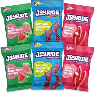 JOYRIDE Fan Favorite Variety Pack - Healthy Candy, 6-Pack Bundle | Includes Blue Raspberry Strips, Cherry Berry Ropes, and Watermelon Wedges. Low Sugar, Dye Free, Low Calorie Sour Gummies